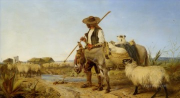動物 Painting - 家に帰る途中でロバを連れた羊飼い